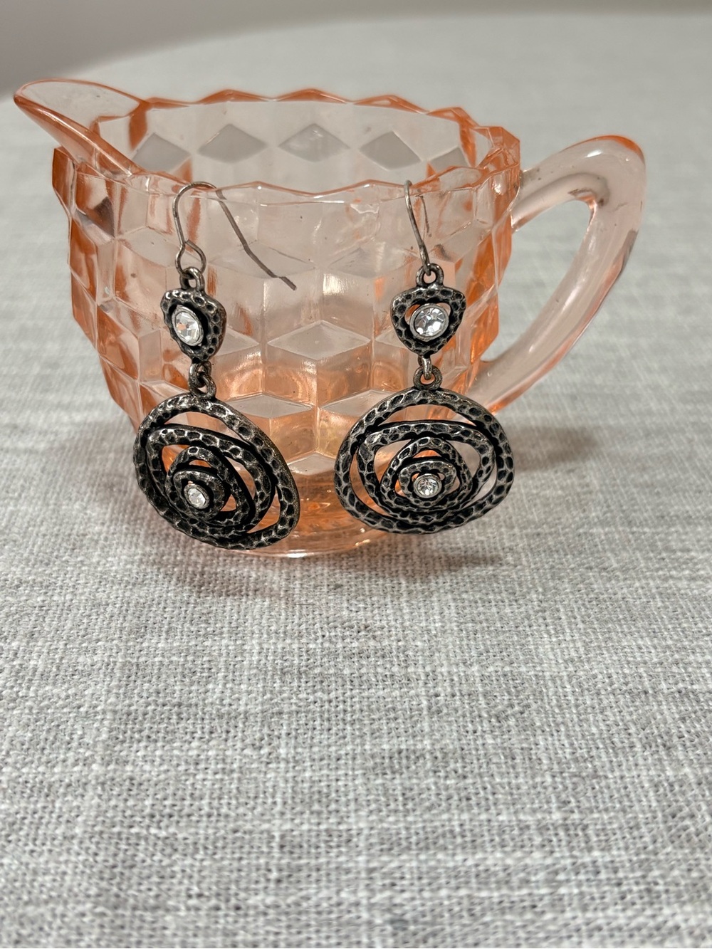 Vintage-Inspired Hammered Silver Drop Earrings with Clear Crystals - Silver